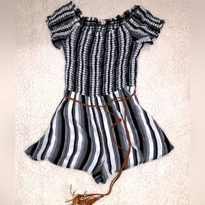 Bo Bel Boutique Off Shoulder Romper Black White Stripes Belt Boho Festival M